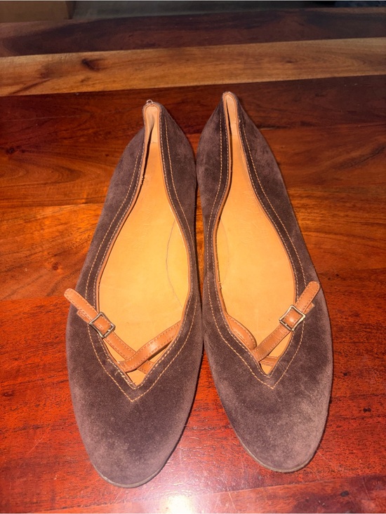 Salvatore Ferragamo Shoes - Salvatore Ferragamo Brown Suede Pointed Flats with Tan Strap